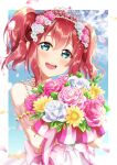  1girl :d absurdres arm_strap bangs blue_eyes blue_flower bouquet day diadem flower hair_between_eyes hair_flower hair_ornament highres holding holding_bouquet kurosawa_ruby long_hair looking_at_viewer love_live! love_live!_sunshine!! nota_ika open_mouth outdoors pink_flower pink_rose redhead rose shiny shiny_hair smile solo standing twintails twitter_username white_flower white_rose yellow_flower 
