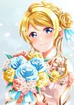  1girl absurdres ayase_eli bangs blonde_hair blue_eyes blue_flower blue_ribbon blue_rose blush bouquet braid closed_mouth earrings flower hair_between_eyes hair_flower hair_ornament highres holding holding_bouquet jewelry long_hair looking_at_viewer love_live! love_live!_school_idol_project nota_ika pink_flower ribbon rose smile solo tied_hair twitter_username upper_body white_flower yellow_flower 
