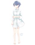  1girl absurdres bangs barefoot blue_eyes blue_hair closed_mouth collared_shirt dress_shirt earrings eyebrows_visible_through_hair full_body highres jewelry long_sleeves looking_away looking_to_the_side masshirokachi original shirt short_hair simple_background solo twitter_username white_background white_shirt 