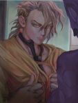  1boy adjusting_clothes blonde_hair clothing_cutout earrings food-themed_earrings highres jewelry jojo_no_kimyou_na_bouken male_focus mirror necktie pannacotta_fugo reflection snr_snr solo strawberry_earrings vento_aureo violet_eyes 