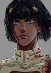  1boy black_hair bleeding blood blood_on_face blue_eyes bob_cut bruno_buccellati hair_ornament hairclip highres injury jojo_no_kimyou_na_bouken male_focus portrait snr_snr solo torn_clothes vento_aureo 