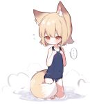  ... 1girl animal_ear_fluff animal_ears bangs blue_swimsuit blush closed_mouth collarbone commentary_request covered_navel eyebrows_visible_through_hair flying_sweatdrops fox_ears fox_girl fox_tail hair_between_eyes hands_on_own_chest highres konununui looking_at_viewer one-piece_swimsuit onsen original red_eyes school_swimsuit short_eyebrows short_hair solo spoken_ellipsis standing steam swimsuit tail thick_eyebrows water wavy_mouth 