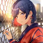 1girl blue_eyes braid chain-link_fence colored_inner_hair earrings fence fingernails highres hisao_0111 jewelry kamitsubaki_studio lens_flare looking_at_viewer multicolored_hair outdoors parted_lips redhead rim_(kamitsubaki_studio) short_hair solo sunlight two-tone_hair virtual_youtuber 