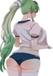  1girl alternate_costume breasts frog_hair_ornament green_eyes green_hair gym_shirt hair_ornament highres kochiya_sanae large_breasts long_hair ponytail sayakata_katsumi shirt simple_background snake_hair_ornament solo touhou white_background 