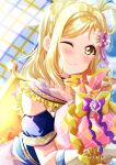  1girl ;) absurdres bangs blonde_hair blue_sleeves blush closed_mouth collarbone detached_sleeves eyebrows_visible_through_hair gloves hair_intakes highres long_hair love_live! love_live!_sunshine!! nota_ika ohara_mari one_eye_closed purple_choer short_sleeves smile solo twitter_username white_gloves yellow_eyes 
