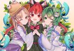  3girls :d absurdres bangs bare_shoulders blonde_hair blush_stickers bow bowtie braid closed_mouth detached_sleeves dress eyebrows_visible_through_hair fangs frills frog_hair_ornament gohei green_dress green_eyes green_hair hair_ornament hat highres holding holding_stick interlocked_fingers kaenbyou_rin kochiya_sanae leaf leaf_background long_hair looking_at_viewer moriya_suwako multiple_girls one_eye_closed orange_eyes purple_skirt purple_vest red_bow red_bowtie red_eyes redhead sidelocks simple_background skirt smile snake_hair_ornament stick tactoki touhou twin_braids twintails upper_body very_long_hair vest wide_sleeves 