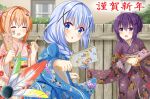  3girls blue_eyes blue_kimono blush chestnut_mouth closed_eyes floating_hair floral_print gochuumon_wa_usagi_desu_ka? hair_intakes hair_ornament holding hoto_cocoa japanese_clothes kafuu_chino kimono long_hair long_sleeves looking_back matcha_(soratohana128) multiple_girls nengajou new_year obi open_mouth orange_hair outdoors pink_kimono print_kimono purple_hair purple_kimono sash shiny shiny_hair short_hair silver_hair standing tedeza_rize tied_hair violet_eyes wide_sleeves x_hair_ornament 