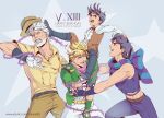  4boys beard blonde_hair blue_hair blue_scarf boots bow bowtie caesar_anthonio_zeppeli character_name child commentary_request dual_persona facial_hair fingerless_gloves formal gloves green_eyes happy_birthday hat headband hermit_purple jojo_no_kimyou_na_bouken joseph_joestar joseph_joestar_(old) joseph_joestar_(young) kicking knee_boots m_(cat921911) multicolored_clothes multicolored_scarf multiple_boys older photoshop_(medium) purple_scarf scarf scarf_bow sitting_on_shoulder stand_(jojo) striped striped_scarf time_paradox watermark web_address white_gloves white_hair younger 