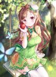  1girl :o absurdres antenna_hair apple blurry blurry_background blush breasts brown_hair bug butterfly commentary depth_of_field dress food forest fruit gloves green_dress hat haundo_b highres idolmaster idolmaster_cinderella_girls idolmaster_cinderella_girls_starlight_stage light_rays long_hair looking_at_viewer medium_breasts mini_hat nature puffy_short_sleeves puffy_sleeves red_eyes short_sleeves sitting solo swing symbol-only_commentary thigh-highs tree tsujino_akari very_long_hair white_gloves 