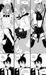  2boys angel_devil_(chainsaw_man) apron black_hair black_necktie chainsaw_man commentary_request covering_mouth derivative_work fake_horns fire_punch hair_ornament hairclip halo hand_over_own_mouth hayakawa_aki_(chainsaw_man) highres horns korean_commentary korean_text maid maid_apron maid_headdress manga_panel_redraw medium_hair mee_junge midriff monochrome multiple_boys navel necktie parody school_uniform serafuku stomach surprised topknot translation_request wide-eyed wings 