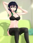  1girl armpits arms_up asueli_ex black_bra black_hair black_legwear black_panties bra breasts collarbone green_eyes green_hair hair_between_eyes hair_tie_in_mouth indoors looking_at_viewer love_live! love_live!_nijigasaki_high_school_idol_club medium_breasts mouth_hold multicolored_hair navel panties sitting takasaki_yuu thigh-highs underwear 