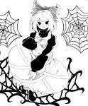  1341398tkrtr 1girl bangs commentary_request eyebrows_visible_through_hair greyscale hair_ornament hair_ribbon high_contrast highres kurodani_yamame long_sleeves looking_up medium_hair monochrome ribbon silk simple_background solo spider_web touhou white_background 