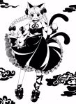  1341398tkrtr 1girl animal_ears braid cat_ears cat_tail clouds commentary_request eyebrows_visible_through_hair fangs greyscale high_contrast highres kaenbyou_rin monochrome multiple_tails nekomata simple_background solo tail thick_eyebrows touhou twin_braids two_tails 