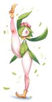  1girl arms_up bangs blush breath colored_sclera colored_skin commentary english_commentary flat_chest flower green_hair green_leotard hair_flower hair_ornament hair_over_one_eye highres hisuian_lilligant kenron_toqueen kneepits leaf leaves_in_wind leg_up leotard looking_at_viewer monster_girl one_eye_covered open_mouth pink_flower plant_girl pointy_footwear pokemon pokemon_(creature) red_sclera shiny shiny_clothes shoes short_hair simple_background solo split standing standing_on_one_leg standing_split strapless strapless_leotard sweat thick_thighs thighs white_background white_eyes white_skin yellow_footwear 