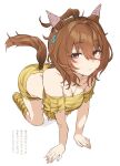  1girl agnes_tachyon_(umamusume) ahoge all_fours animal_ears animal_print brown_eyes brown_hair highres horse_ears horse_tail jewelry midriff off-shoulder_shirt off_shoulder oni_costume pendant shirt tail tiger_print umamusume white_background yanyo_(ogino_atsuki) 