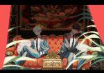  2boys black_hair black_jacket black_necktie black_pants blue_jacket blue_pants blurry blurry_foreground closed_mouth collared_shirt commentary_request couch crossed_legs curtains feet_out_of_frame formal grey_hair hand_in_pocket highres indoors inuzumi_shibahiko jacket kowata_shunki long_sleeves male_focus megechan multiple_boys necktie on_couch original painting_(object) pants parted_lips red_eyes shirt short_hair sitting smile suit suit_jacket watch watch white_shirt 