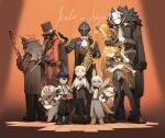  4boys 6+girls absurdres alternate_costume animal_ears black_cape black_coat black_gloves black_hair blonde_hair bondrewd cape coat curly_hair faputa full_body gloves hair_between_eyes highres holding horizontal_pupils instrument jacket knifedragon long_hair looking_at_viewer lyza_(made_in_abyss) made_in_abyss monster_girl multicolored_hair multiple_boys multiple_girls music nanachi_(made_in_abyss) open_mouth orchestra ozen plague_doctor_mask playing_instrument prushka red_eyes regu_(made_in_abyss) riko_(made_in_abyss) saxophone short_hair smile srajo tuba two-tone_hair very_long_hair white_hair yellow_eyes 