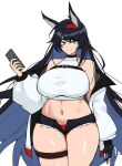  1girl animal_ears arknights bangs black_gloves black_hair blaze_(arknights) blue_eyes breasts curvy cutoffs fingerless_gloves gloves hairband hella_p holding holding_phone huge_breasts jacket leg_strap long_hair looking_at_viewer panties phone red_hairband red_panties short_shorts shorts simple_background smile solo thick_thighs thighs underwear very_long_hair white_background wide_hips 