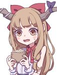  1girl bangs bare_shoulders blush_stickers bow box brown_eyes eyebrows_behind_hair fang flat_chest food hair_bow hands_up highres holding holding_box horn_bow horn_ornament horns ibuki_suika kame_(kamepan44231) light_brown_hair long_hair looking_at_food nattou neck_ribbon one-hour_drawing_challenge oni_horns purple_bow red_bow red_ribbon ribbon shirt sidelocks simple_background skin_fang sleeveless sleeveless_shirt solo swept_bangs touhou upper_body white_background wrist_cuffs 