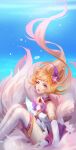  1girl absurdres ahri_(league_of_legends) artist_name bangs bare_shoulders blonde_hair blue_background breasts choker closed_mouth detached_sleeves feet_out_of_frame fox_tail hair_ornament hair_up highres league_of_legends long_hair looking_at_viewer medium_breasts parted_lips pink_eyes purple_choker shiny shiny_hair solo tail teeth thigh-highs white_legwear xiuluoyi00 