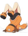  1girl absurdres accurina ass bare_legs black_shorts brown_hair clothing_cutout commentary faceplant full_scorpion guilty_gear guilty_gear_strive hat highres hood hoodie legs_up may_(guilty_gear) no_backpack orange_footwear orange_headwear orange_hoodie orange_theme pirate_hat short_shorts shorts shoulder_cutout simple_background skull_and_crossbones solo top-down_bottom-up white_background 