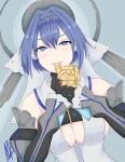  absurdres alexk blue_eyes blue_hair breasts character_request copyright_request eating food highres hololive hololive_english ouro_kronii sideboob smol_ame taiyaki wagashi watson_amelia 