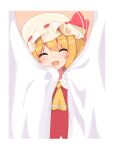  1girl :d ^_^ absurdres ascot blonde_hair closed_eyes curtain_grab curtains eyebrows_visible_through_hair facing_viewer flandre_scarlet hat hat_ribbon highres iroha_(pcrx7327) mob_cap open_mouth red_ribbon ribbon smile solo touhou upper_body white_headwear yellow_ascot 