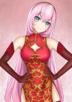 1girl :3 absurdres blue_eyes china_dress chinese_clothes cleavage_cutout clothing_cutout commentary cowboy_shot dress elbow_gloves gloves gold_trim hairband hands_on_hips head_tilt highres kougyoku_(module) long_hair looking_at_viewer megurine_luka nekoinu_bamboo pink_background pink_hair project_diva_(series) red_dress red_gloves side_slit smile solo standing very_long_hair vocaloid 