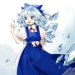  1girl blue_bow blue_dress blue_eyes blue_hair bow cirno dress frozen ice ice_wings kaigen_1025 puffy_short_sleeves puffy_sleeves short_hair short_sleeves solo touhou wings 