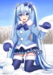  1girl absurdres blue_bow blue_bowtie blue_coat blue_legwear blue_mittens blue_skirt bow bowtie coat commentary day earmuffs full_body fur-trimmed_coat fur-trimmed_legwear fur_trim hair_bow hair_ornament hand_up hatsune_miku highres holding_snowball jewelry kneeling light_blue_eyes light_blue_hair long_hair looking_at_viewer miniskirt nekoinu_bamboo open_mouth outdoors pleated_skirt pom_pom_(clothes) skirt smile snow snowman solo thigh-highs twintails very_long_hair vocaloid yuki_miku yuki_miku_(2012) zettai_ryouiki 