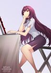  1girl chair computer fate/grand_order fate_(series) gae_bolg_(fate) highres laptop legs long_hair pencil_skirt red_eyes scathach_(fate) shiro_font skirt violet_eyes 