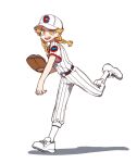  1girl baseball_cap baseball_jersey baseball_mitt baseball_uniform blonde_hair braid emporio_alnino genderswap genderswap_(mtf) hat jojo_no_kimyou_na_bouken sempon_(doppio_note) solo sportswear standing standing_on_one_leg stone_ocean twin_braids yellow_eyes 