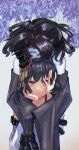  2girls absurdres abyssal_ship black_hair blue_skin character_request colored_skin commentary_request hair_ornament hair_over_one_eye hands_on_own_face highres hug hug_from_behind kantai_collection long_hair looking_at_viewer multiple_girls pale_skin panda_(heart_sink) parted_lips red_eyes short_hair upper_body wide_sleeves yamashiro_(kancolle) 