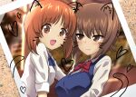  :d alternate_costume animal_ears bangs blue_bow blue_bowtie blue_sweater bow bowtie brown_eyes brown_hair cat_ears cat_tail closed_mouth commentary eyebrows_visible_through_hair facial_mark girls_und_panzer heart highres long_sleeves looking_at_another looking_at_viewer nishizumi_maho nishizumi_miho open_mouth picture_(object) red_bow red_bowtie school_uniform shiina_excel shirt short_hair siblings sisters sleeves_rolled_up smile sweater sweater_vest tail v-neck whisker_markings white_shirt 