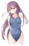  1girl ahoge akebono_(kancolle) alternate_hairstyle blue_swimsuit breasts commentary_request covered_navel cowboy_shot dated hair_down highleg highleg_swimsuit highres kantai_collection long_hair looking_at_viewer one-hour_drawing_challenge parted_lips pen_chou purple_hair signature simple_background small_breasts solo swimsuit very_long_hair violet_eyes white_background 