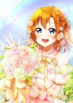  1girl :d absurdres bangs blonde_hair blue_eyes blush bouquet braid day detached_sleeves flower hair_between_eyes hair_flower hair_ornament highres holding holding_bouquet kousaka_honoka long_hair looking_at_viewer love_live! love_live!_school_idol_project neck_ribbon nota_ika open_mouth outdoors pink_flower ribbon smile solo standing tied_hair twitter_username white_flower yellow_ribbon 