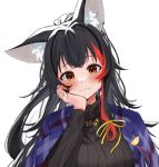  1girl animal_ear_fluff animal_ears bangs black_hair black_sweater blush brown_eyes closed_mouth daichi_(daichi_catcat) eyebrows_visible_through_hair hair_ribbon hand_on_own_cheek hand_on_own_face highres hololive long_hair long_sleeves multicolored_hair ookami_mio redhead ribbon simple_background solo streaked_hair sweater turtleneck turtleneck_sweater upper_body virtual_youtuber white_background wolf_ears 