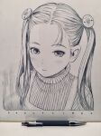  1girl absurdres apron closed_mouth expressionless graphite_(medium) greyscale hair_ornament hatching_(texture) highres long_hair looking_at_viewer mechanical_pencil monochrome murata_range original parted_hair pencil portrait ribbed_sweater shikishi solo sweater traditional_media turtleneck turtleneck_sweater twintails upper_body 