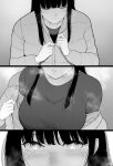  1girl bangs bifidus black_hair blunt_bangs breasts collarbone greyscale highres jacket large_breasts long_hair looking_at_viewer monochrome multiple_views original parted_lips removing_jacket shirt simple_background solo visible_air zipper zipper_pull_tab 