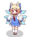  1girl animal_ear_fluff animal_ears bangs bell black_footwear blue_bow blue_skirt blue_vest bow cirno cirno_(cosplay) closed_mouth collar cosplay detached_wings dot_mouth eyebrows_visible_through_hair fox_ears fox_girl fox_tail full_body hair_bow highres jitome kemomimi-chan_(naga_u) lbcirno9 light_brown_hair long_sleeves mary_janes medium_hair neck_bell neck_ribbon no_nose pleated_skirt purple_collar red_ribbon ribbon shadow shirt shoes simple_background skirt sleeves_past_fingers sleeves_past_wrists tail touhou vest violet_eyes white_background white_legwear white_shirt wings 