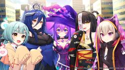  5girls :d alchemilla_menace bangs black_hair black_jacket black_kimono blonde_hair blue_hair blush braid breasts character_request closed_mouth colored_inner_hair copyright_request crossed_bangs cyberlive dress fang hair_between_eyes hair_rings hands_up horns inami_yoki jacket japanese_clothes kimono konogi_nogi large_breasts long_hair long_sleeves looking_at_viewer multicolored_hair multiple_girls obi ofuda orange_eyes oumiya_emma pink_eyes pink_hair purple_dress purple_hair sash skin_fang sleeves_past_fingers sleeves_past_wrists smile tassel thick_eyebrows violet_eyes yellow_eyes yellow_sash 