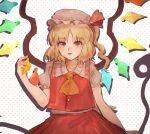  1girl absurdres ascot bangs blonde_hair bow collarbone cowboy_shot crystal drop_shadow eyebrows_visible_through_hair flandre_scarlet flat_chest hand_up hat hat_bow highres holding holding_polearm holding_weapon laevatein_(touhou) light_blush light_smile looking_at_viewer matcha_modoki_(mutou_444) medium_hair mob_cap one_side_up parted_lips pink_headwear polearm polka_dot polka_dot_background puffy_short_sleeves puffy_sleeves red_bow red_eyes red_skirt red_vest short_sleeves simple_background skirt solo touhou vest weapon white_background wings yellow_ascot 