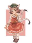  1girl :d absurdres animal_ear_fluff animal_ears bangs blush bobby_socks border bow bowtie brown_eyes brown_footwear brown_hair cat_ears cat_tail chen eyebrows_visible_through_hair fang fingernails full_body green_headwear hand_up hat highres long_fingernails long_sleeves looking_at_viewer matcha_modoki_(mutou_444) mob_cap multiple_tails nail_polish nekomata outside_border red_background red_nails red_skirt red_vest sharp_fingernails shirt simple_background skin_fang skirt smile socks solo standing tail touhou two_tails vest white_background white_border white_bow white_bowtie white_legwear white_shirt 