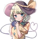  1girl adapted_costume bangs blue_eyes blush bow closed_mouth eyebrows_visible_through_hair frilled_shirt_collar frills green_hair hands_up hat hat_bow heart heart_of_string highres komeiji_koishi light_smile looking_at_viewer medium_hair moshihimechan puffy_short_sleeves puffy_sleeves shirt short_sleeves simple_background solo swept_bangs third_eye touhou white_background yellow_bow yellow_shirt 