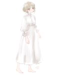  1girl absurdres bangs barefoot blush brown_eyes brown_hair closed_mouth dress eyebrows_visible_through_hair full_body highres long_sleeves looking_at_viewer masshirokachi original puffy_long_sleeves puffy_sleeves simple_background solo standing twitter_username white_background white_dress 