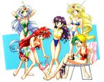  1990s_(style) 5girls ankle_ribbon aqua_hair arara_milk arm_strap arms_behind_back arms_behind_head arms_up bangs barefoot bikini bikini_bottom_only blonde_hair blue_bikini cacao_(lamune) cross cross_necklace crossed_legs earrings eyebrows_visible_through_hair gold_mountain green_swimsuit hand_on_hip headpiece holding holding_eyewear jewelry leska_(arara_cafe_au_lait) long_hair low-tied_long_hair multicolored_hair multiple_girls navel necklace ng_knight_lamune_&amp;_40 non-web_source official_art on_chair open_mouth pink_bikini pink_hair pointy_ears purple_hair red_swimsuit retro_artstyle ribbon short_hair silver_hair silver_mountain sitting smile standing sunglasses swimsuit topless two-tone_hair very_long_hair wardrobe_malfunction 