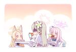  3girls animal_ear_fluff animal_ears blonde_hair blue_archive blue_bow blue_hair bow brown_hair capelet cellphone chibi cup dress eating feathered_wings flower food_in_mouth fox_ears hair_flower hair_ornament halo harada_(sansei_rain) holding holding_cup holding_phone long_hair long_sleeves mika_(blue_archive) multiple_girls nagisa_(blue_archive) phone pink_eyes pink_flower pink_hair puffy_long_sleeves puffy_sleeves seia_(blue_archive) spit_take spitting sweat table tea teacup turn_pale very_long_hair white_background white_capelet white_dress white_flower white_wings wings 