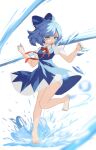  1girl barefoot blue_bow blue_dress blue_eyes blue_hair bow cirno clynxen dress highres ice ice_wings puffy_short_sleeves puffy_sleeves red_ribbon ribbon short_hair short_sleeves solo touhou water wings 