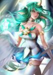  1girl alternate_hair_color animal_ears bangs bare_shoulders breasts choker collarbone commentary_request dress gloves green_choker green_dress green_eyes green_hair hand_up highres horns large_breasts league_of_legends long_hair magical_girl parted_lips pointy_ears single_horn smile solo soraka_(league_of_legends) star_(symbol) star_guardian_(league_of_legends) star_guardian_soraka teeth thigh-highs very_long_hair white_gloves xiuluoyi00 