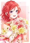  1girl :d absurdres bangs border bouquet earrings flower hair_between_eyes hair_flower hair_ornament hair_ribbon highres holding holding_bouquet jewelry long_hair looking_at_viewer love_live! love_live!_school_idol_project nishikino_maki nota_ika open_mouth pink_flower pink_rose red_flower red_ribbon redhead ribbon rose shiny shiny_hair smile solo sparkle twitter_username violet_eyes white_border white_flower yellow_flower 